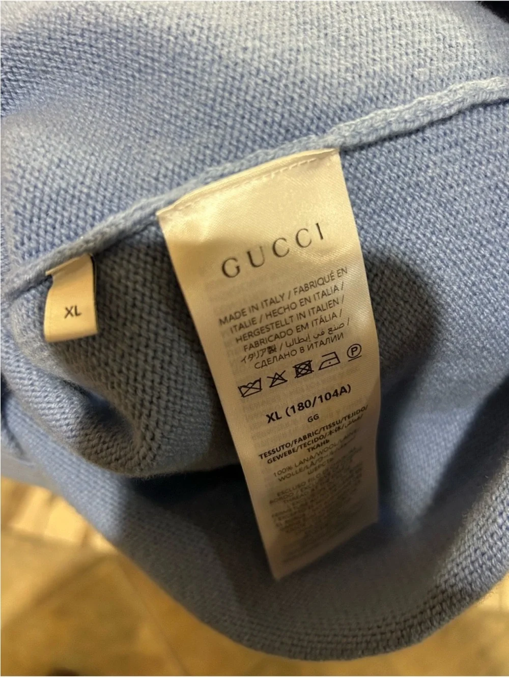 Men’s Gucci light blue felted wool knit crewneck sweater size XL Italy